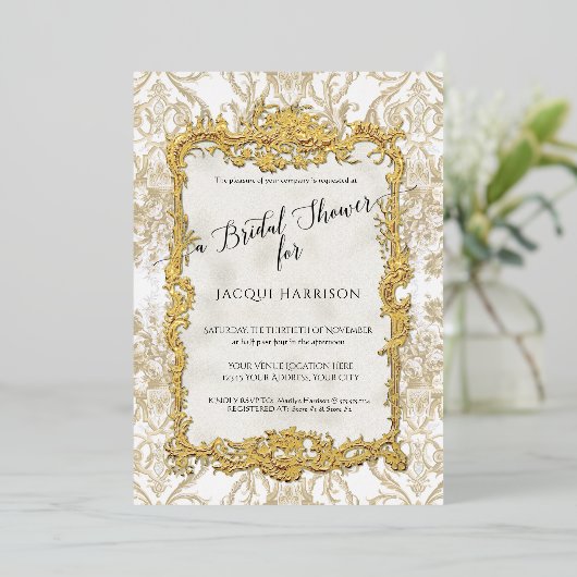 フローラヴィンテージエレガントトープn金ゴールドブライダルシャワー 箔招待状 (立ち正面)