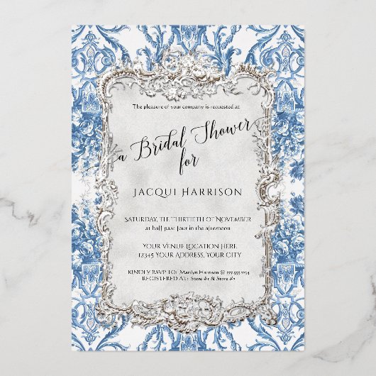 フローラヴィンテージエレガントブルーシルバーブライダルシャワー 箔招待状 (正面)