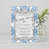 フローラヴィンテージエレガントブルーシルバーブライダルシャワー 箔招待状 (立ち正面)