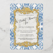 フローラヴィンテージエレガントブルー金ゴールドブライダルシャワー 箔招待状 (正面)