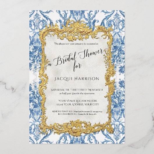 フローラヴィンテージエレガントブルー金ゴールドブライダルシャワー 箔招待状 (正面)