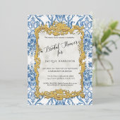 フローラヴィンテージエレガントブルー金ゴールドブライダルシャワー 箔招待状 (立ち正面)