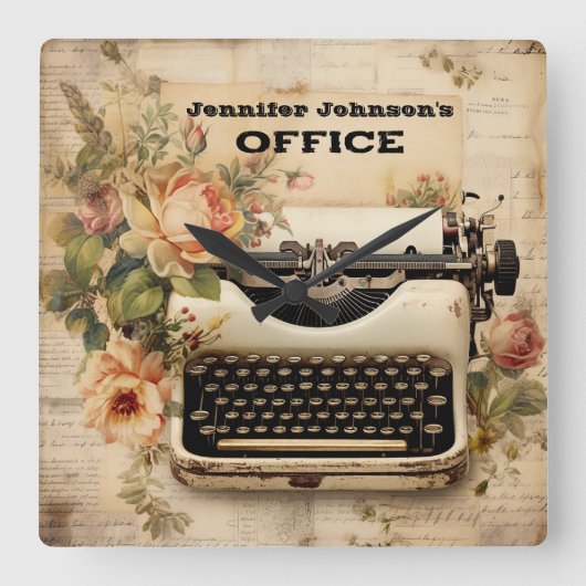 フローラヴィンテージタイプライター壁時計 スクエア壁時計 (正面)