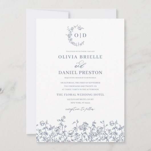 フローラヴィンテージダスティブルーモノグラム結婚ズ 招待状 (正面)