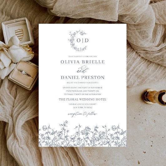 フローラヴィンテージダスティブルーモノグラム結婚ズ 招待状