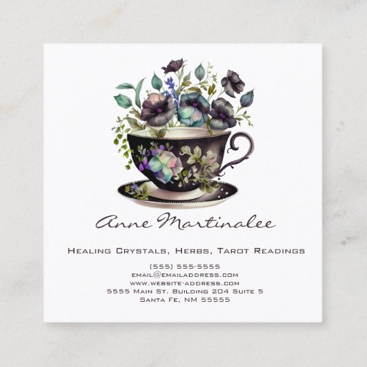 フローラヴィンテージティーカップパンシースクエアビジネスカード スクエア名刺 (裏面)