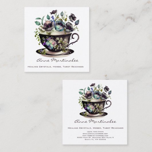 フローラヴィンテージティーカップパンシースクエアビジネスカード スクエア名刺 (正面/裏面)