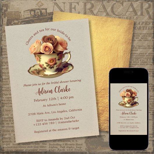 フローラヴィンテージティーブライダルシャワー金ゴールドバーダル 招待状