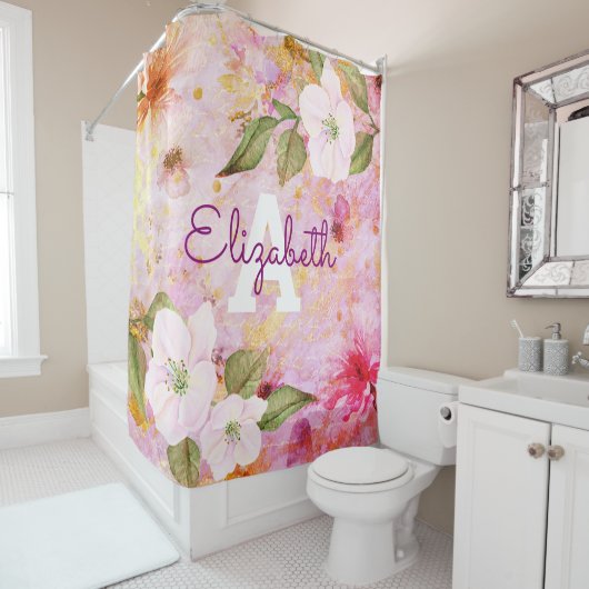 フローラヴィンテージピンク金ゴールド水色モノグラム名 シャワーカーテン (インサイチュ)