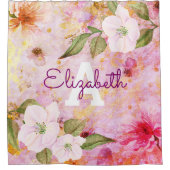 フローラヴィンテージピンク金ゴールド水色モノグラム名 シャワーカーテン (正面)