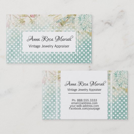 *~*フローラヴィンテージブルー水玉模様花 名刺 (正面/裏面)