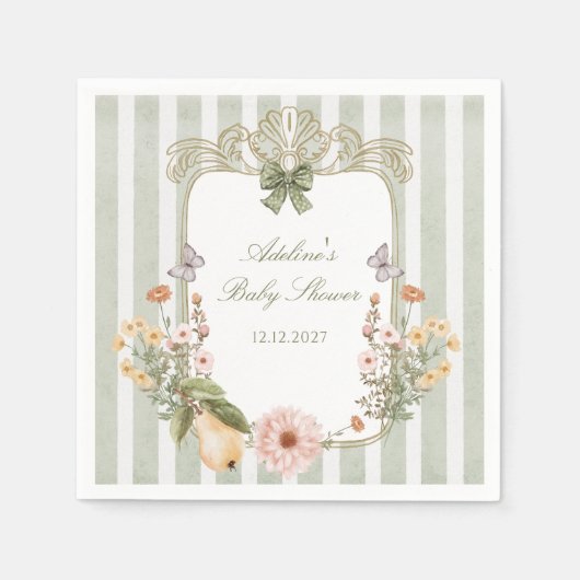 フローラヴィンテージボホセージグリーンベイビーシャワー スタンダードカクテルナプキン (正面)