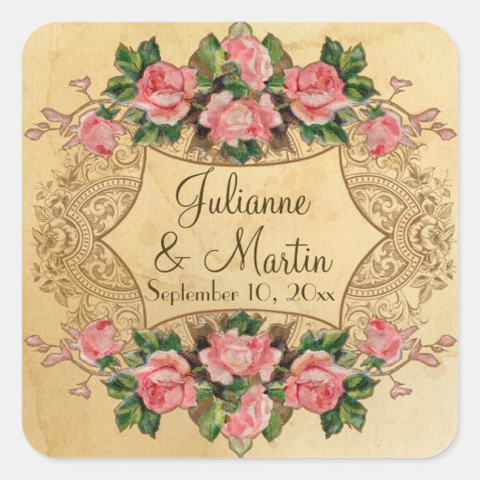 フローラヴィンテージモダンピンクのバラが鳥の渦巻きを愛 スクエアシール (正面)