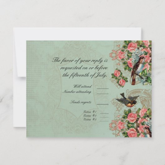 フローラヴィンテージモダンピンクのバラが鳥の渦巻きを愛 出欠カード (裏面)