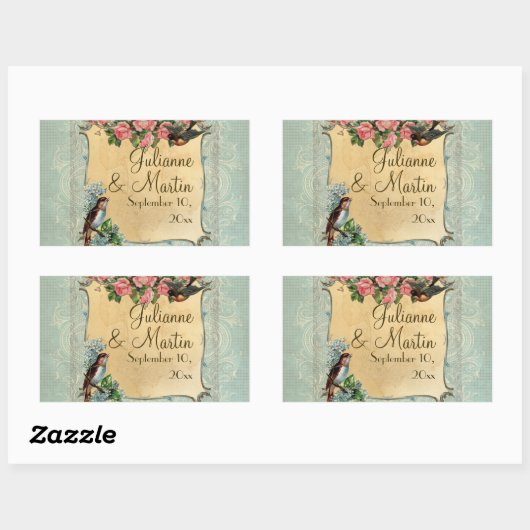 フローラヴィンテージモダンピンクのバラが鳥の渦巻きを愛 長方形シール (シート)