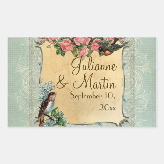フローラヴィンテージモダンピンクのバラが鳥の渦巻きを愛 長方形シール (正面)