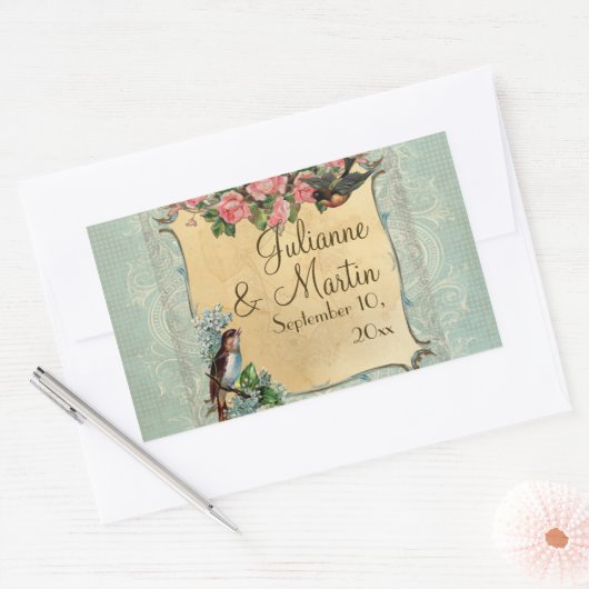 フローラヴィンテージモダンピンクのバラが鳥の渦巻きを愛 長方形シール (封筒)