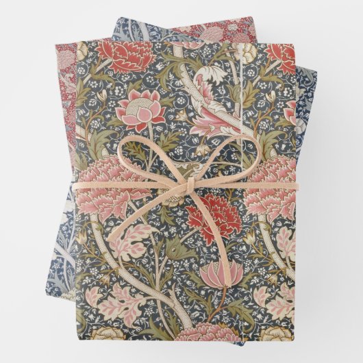 フローラヴィンテージモリス模様赤い花青 ラッピングペーパーシート (インサイチュ)
