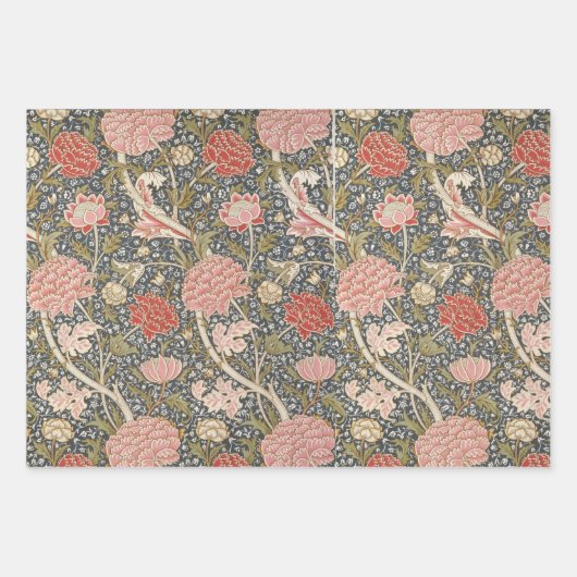 フローラヴィンテージモリス模様赤い花青 ラッピングペーパーシート (正面)