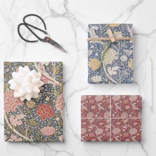 フローラヴィンテージモリス模様赤い花青 ラッピングペーパーシート (正面)
