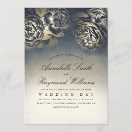 フローラヴィンテージ折衷性ブルーと金ゴールド結婚ズ 招待状