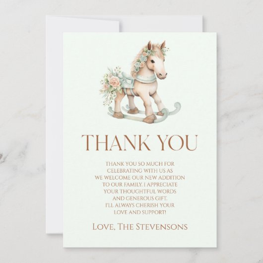 フローラヴィンテージ玩具ロッキング馬赤ちゃんシャワー サンキューカード (正面)
