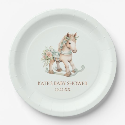 フローラヴィンテージ玩具ロッキング馬赤ちゃんシャワー ペーパープレート (正面)