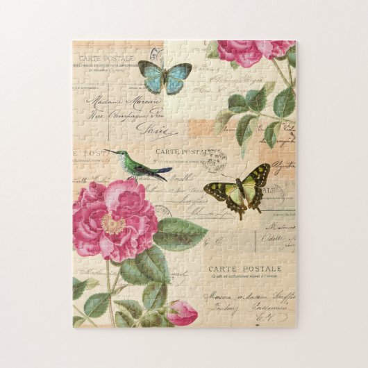 フローラヴィンテージ素朴なバラ花と蝶 ジグソーパズル (縦)