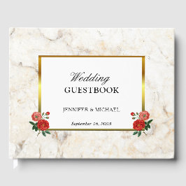 フローラヴィンテージ赤いバラ白い結婚大理石 ゲストブック