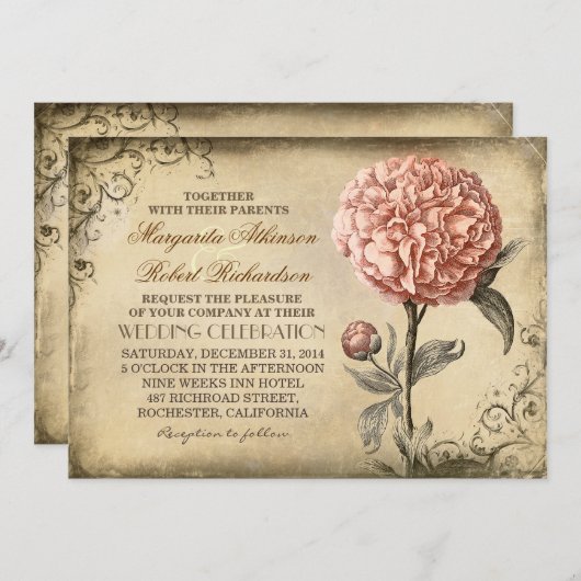 フローラヴィンテージ – ピンク牡丹結婚式招待状 招待状 (正面/裏面)