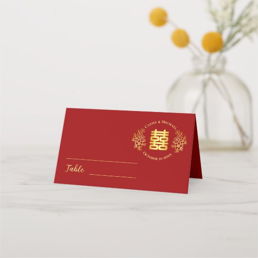 フローラ中国のロ結婚ゴ二重幸福赤 プレイスカード (正面)