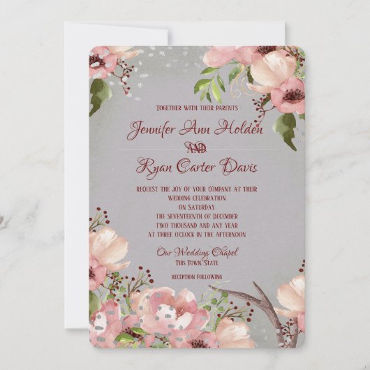 フローラ付き〔雄ジカの〕枝角水彩結婚式招待状 招待状 (正面)