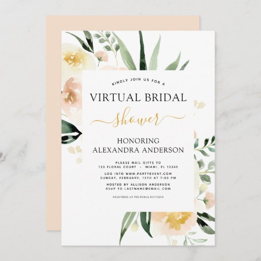 フローラ仮想ブライダルシャワー赤面ピンク水色 招待状 (正面/裏面)