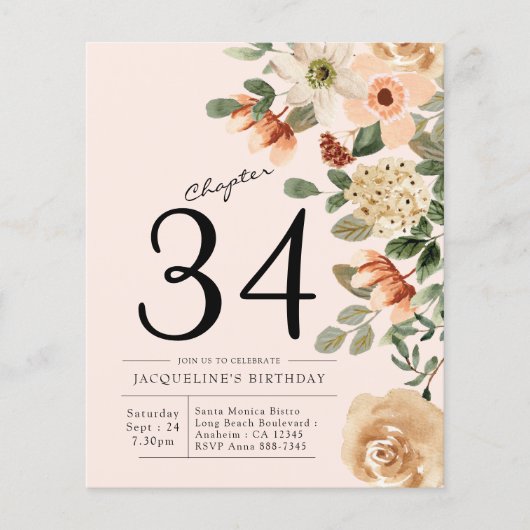 フローラ任意の年の誕生日予算招待状 チラシ (正面)