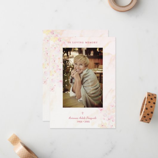 フローラ伝統的とエレガントピンクの写真葬儀 ノートカード (正面/裏面インサイチュ)