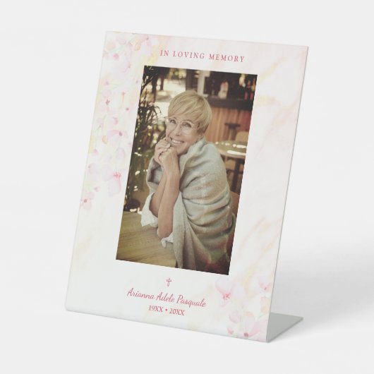 フローラ伝統的とエレガントピンクの写真葬儀 台座サイン (正面)