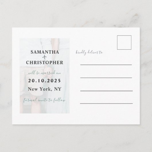 フローラ保存する日付パプル&ホワイトフォト結婚ズ 案内ポストカード (裏面)