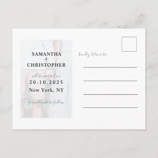 フローラ保存の日付ピンクと白の写真結婚 案内ポストカード (裏面)