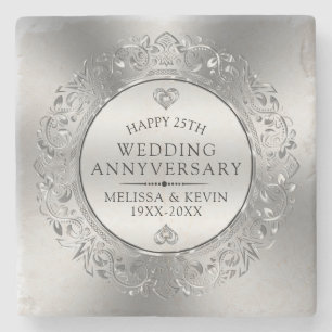 フローラ光沢シルバーフレーム結婚25周年 ストーンコースター