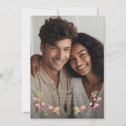 フローラ写真の微妙なフレームは日付結婚を保存 招待状 (正面)