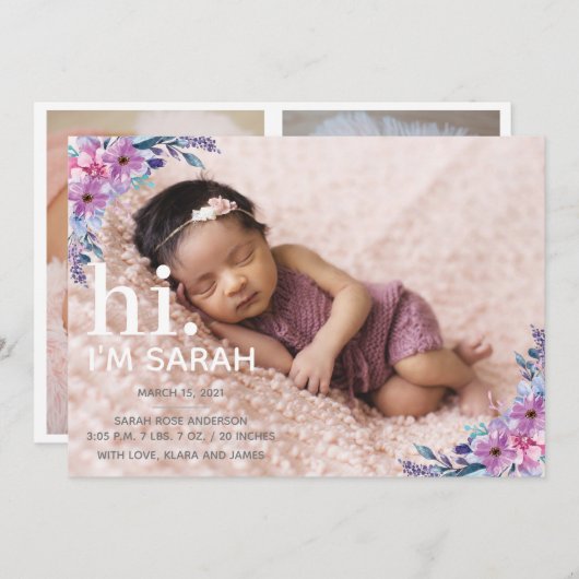 フローラ写真コラージュの誕生発表 招待状 (正面/裏面)