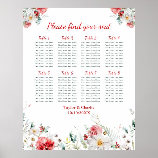 フローラ冬の結婚式8テーブルのシーティングチャート ポスター (正面)