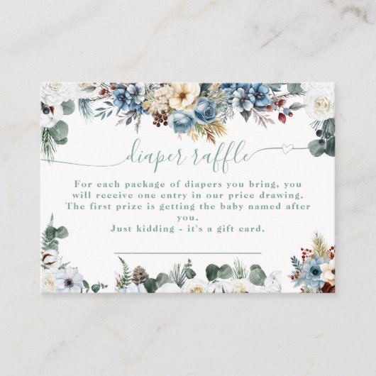 フローラ冬テディベアセージ緑おむつラッフル エンクロージャーカード (正面)