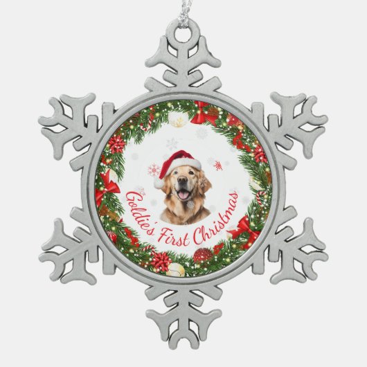 フローラ初めてのクリスマスクラシックペット用記念品 スノーフレークピューターオーナメント (正面)