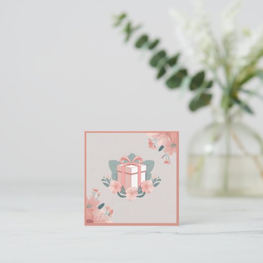 フローラ包まれた贈り物ピンク緑 スクエア名刺 (スタンド正面)