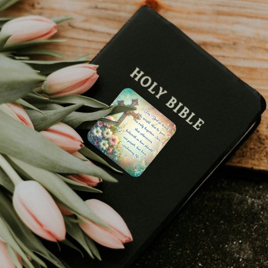 フローラ十字架ヨハネ3:16聖書の復活祭 スクエアシール