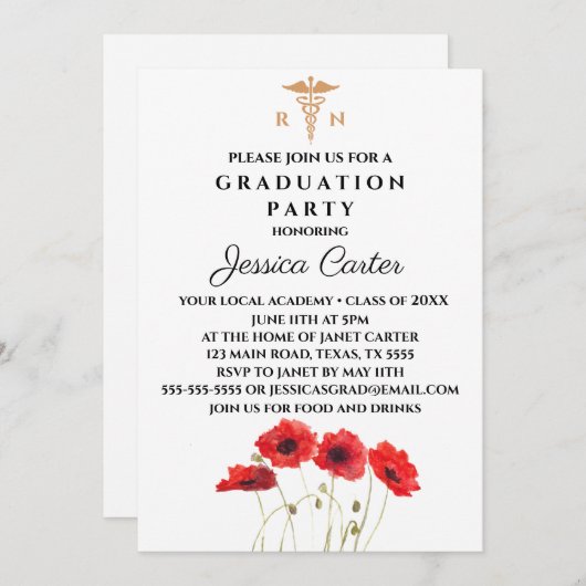 フローラ卒業ナースタイポグラフィポピー 招待状 (正面/裏面)