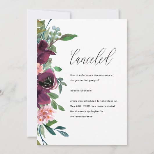 フローラ卒業パーティーのキャンセルのお知らせ 案内状 (正面)