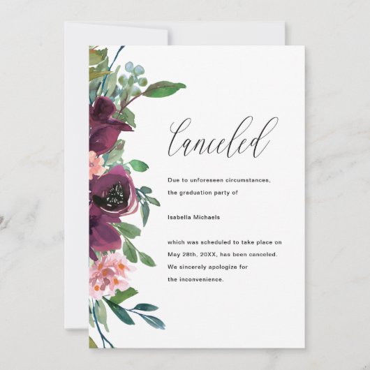フローラ卒業パーティーのキャンセルのお知らせ 案内状 (正面)