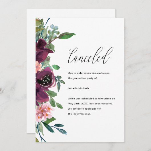 フローラ卒業パーティーのキャンセルのお知らせ 案内状 (正面/裏面)